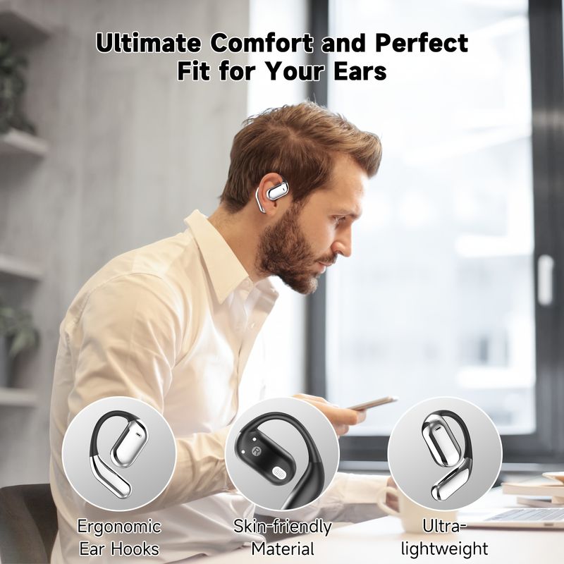 Open BT 5.4 Headphones, Wireless Earbuds Sport Over Earphones Built-in Mic with Hooks 50H Playtime Ear Buds LED Display_voghion.com