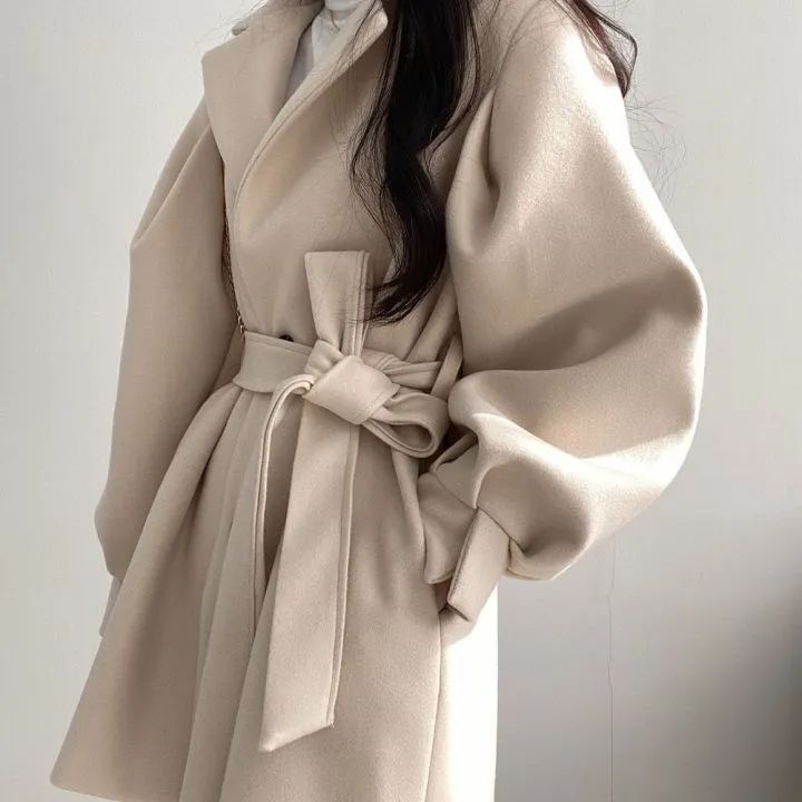 Women's Chic Oversized Wool Coat With Notched Lapel - Mid-Length Trench Coat For Petite & Tall - Fall Winter Fashion Blazer Jacket In Black & Beige_voghion.com