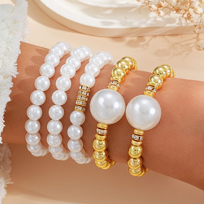Nuovo set di gioielli creativi a strati con bracciale di perle rotonde esagerate, alla moda, da 5 pezzi_voghion.com