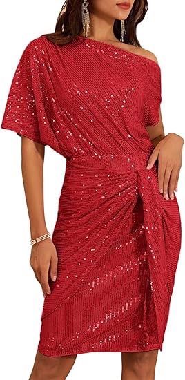 Abito da festa scintillante con scollo a V e una spalla, da donna, alla moda, modello 2025_voghion.com