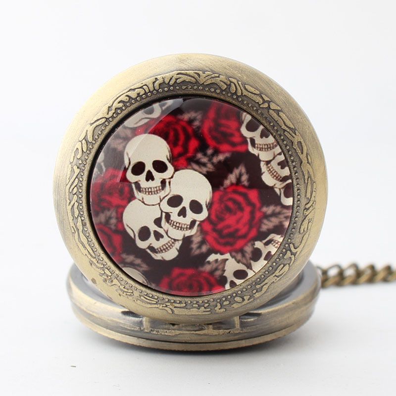 Vintage Totenkopfmuster, klassisch, abgenutzt, arabische Ziffern, trendige Taschenuhr für Herren, personalisierbar_voghion.com