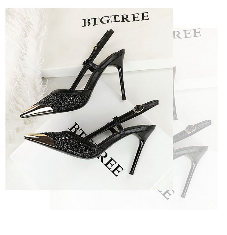 Hollow Woven Stiletto Sandals Women's High-end Metal Pointed One-word Strap High Heels_voghion.com