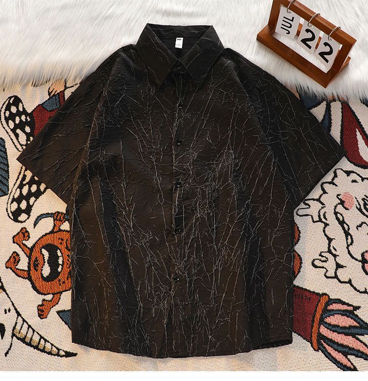 Herrenbekleidung Herren Plissee-Kurzarmhemd aus Eisseide, Sommer, dünn, cool, trendig, hübsches Design, lässig, Anzughemd, Jacke_voghion.com