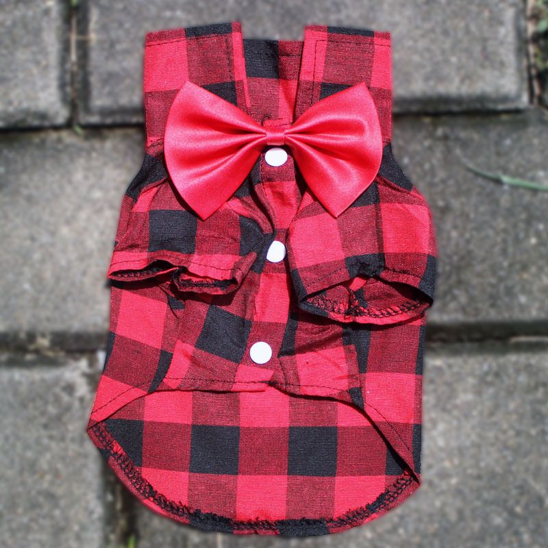 Chemise à carreaux avec nœud tendance pour chien, costume de printemps et d'automne, robe de mariée, vêtements pour animaux de compagnie_voghion.com