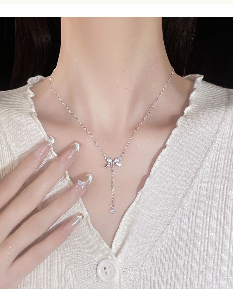 Collana con fiocco in argento puro con un design dal temperamento di nicchia femminile, clavicola dolce leggera e di alta qualità_voghion.com