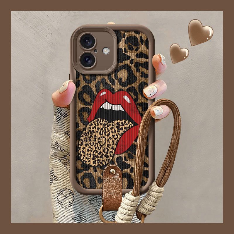 Sexy Lips Leopard Lanyard Phone Case For IPhone 16 11 12 13 14 15 Pro MAX XS Max XR 7 8 Plus Wrist Strap Soft TPU Cover_voghion.com