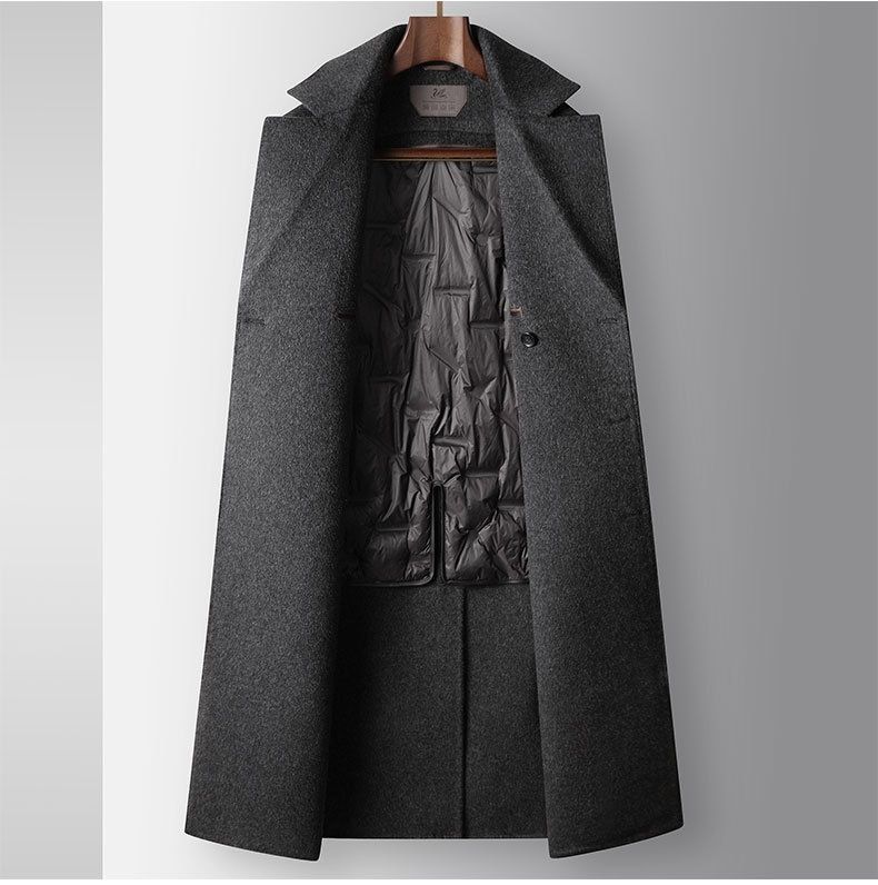 Hue Hue 100% Wool Men's Double-Breasted Over-the-Knee Long With Detachable White Goose Down Liner High Double-Sided_voghion.com