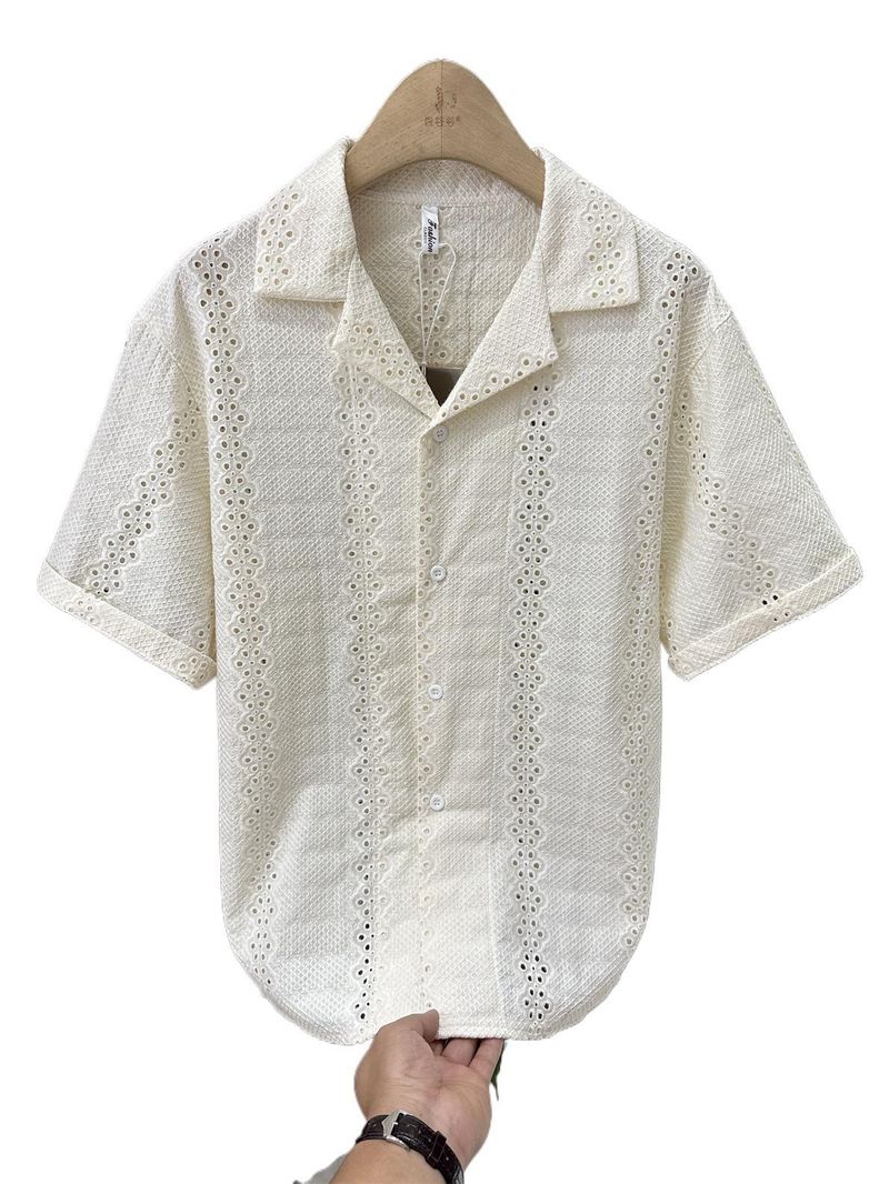 Unbeatable Quality 2025 Hollowed Out Short Sleeved For Men In Ins Summer, Thin Loose Fit, Cool And Casual Trend, Cuban Collar Shirt_voghion.com