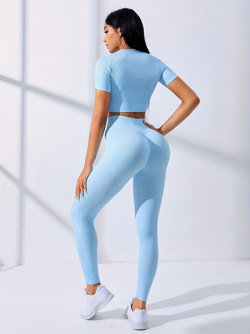 Two-Piece Outdoor Sports Suit - Short Sleeve Navel Top High Waist Solid Color Running Tights, Women's Workout Sets For_voghion.com