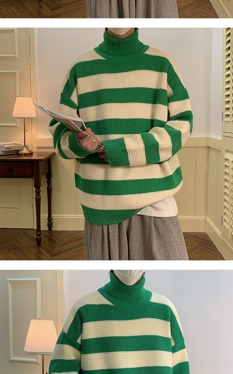 Maglione a collo alto a righe bianche e nere per uomo, stile retrò giapponese, pigro e di alta qualità. Maglione lavorato a maglia con inserti a contrasto_voghion.com
