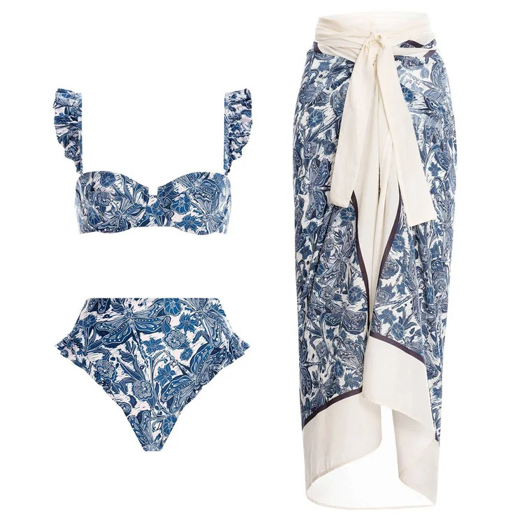 Women's bikini ruffled blue dragonfly print split swimsuit suit for women _voghion.com
