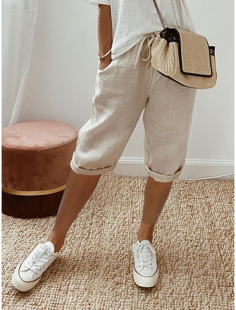 Women's cotton and linen pocket elastic casual pants women's pants quarter pants_voghion.com
