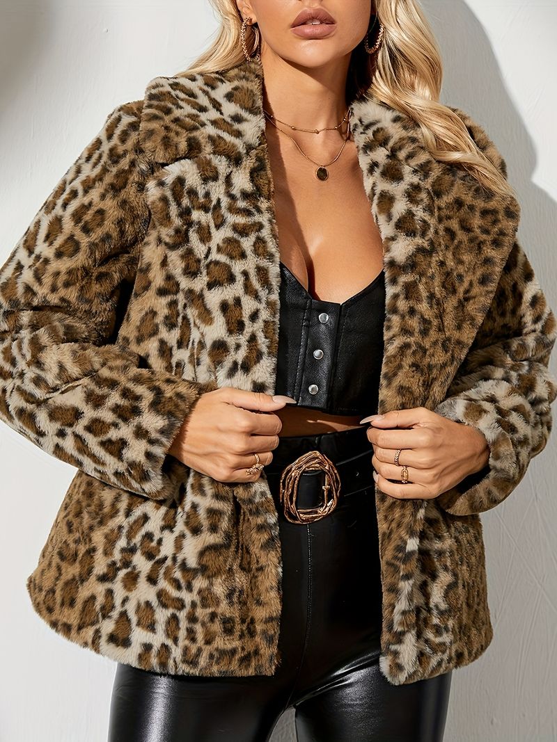 Cappotto Teddy con revers e stampa leopardata, versatile capospalla in pelliccia aperto sul davanti per l'inverno, abbigliamento da donna_voghion.com