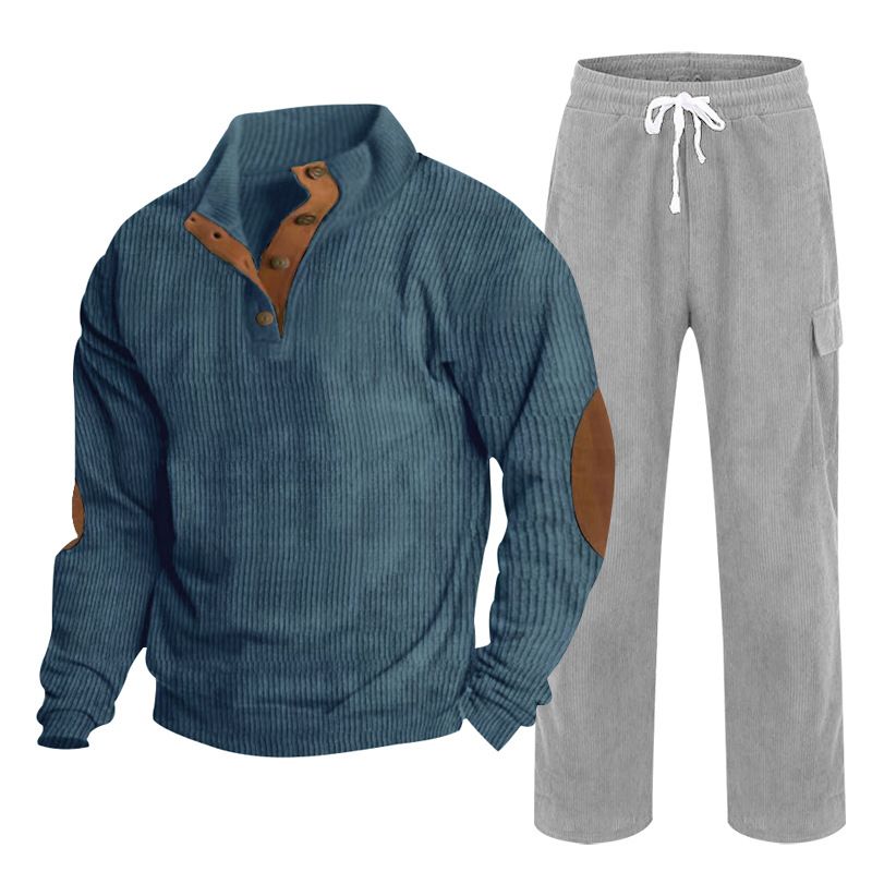 Neue Herbst- und Wintersportbekleidung für Herren, zweiteiliger Cord-Knopf Henry und gerade Hose, Freizeitanzug_voghion.com