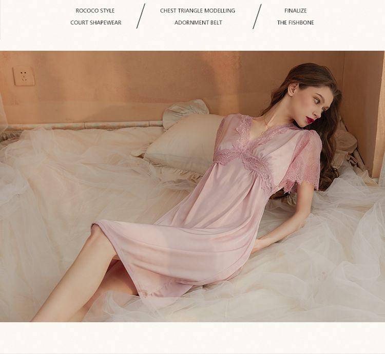 Camicia da notte da donna con pizzo e reggiseno incorporato – Sexy abito midi con scollo a V in tessuto rinfrescante simile alla seta_voghion.com