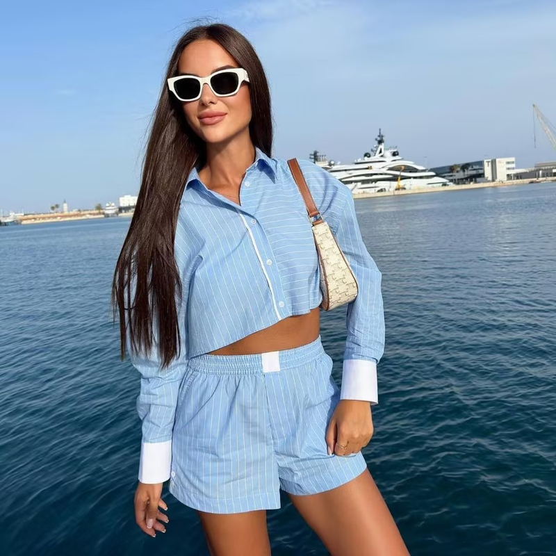 Women's clothing New Women's Striped Contrast Color Shirt Top + Elastic High Waist Shorts Two-piece Set 8BS9697_voghion.com