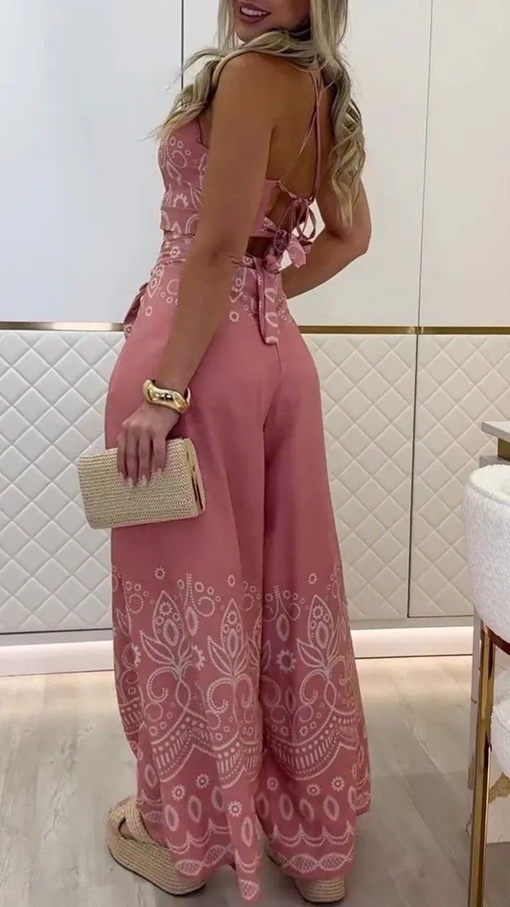 Dámské oblečení na jaro a léto Nový Retro národní styl Halter Top Široké kalhoty_voghion.com
