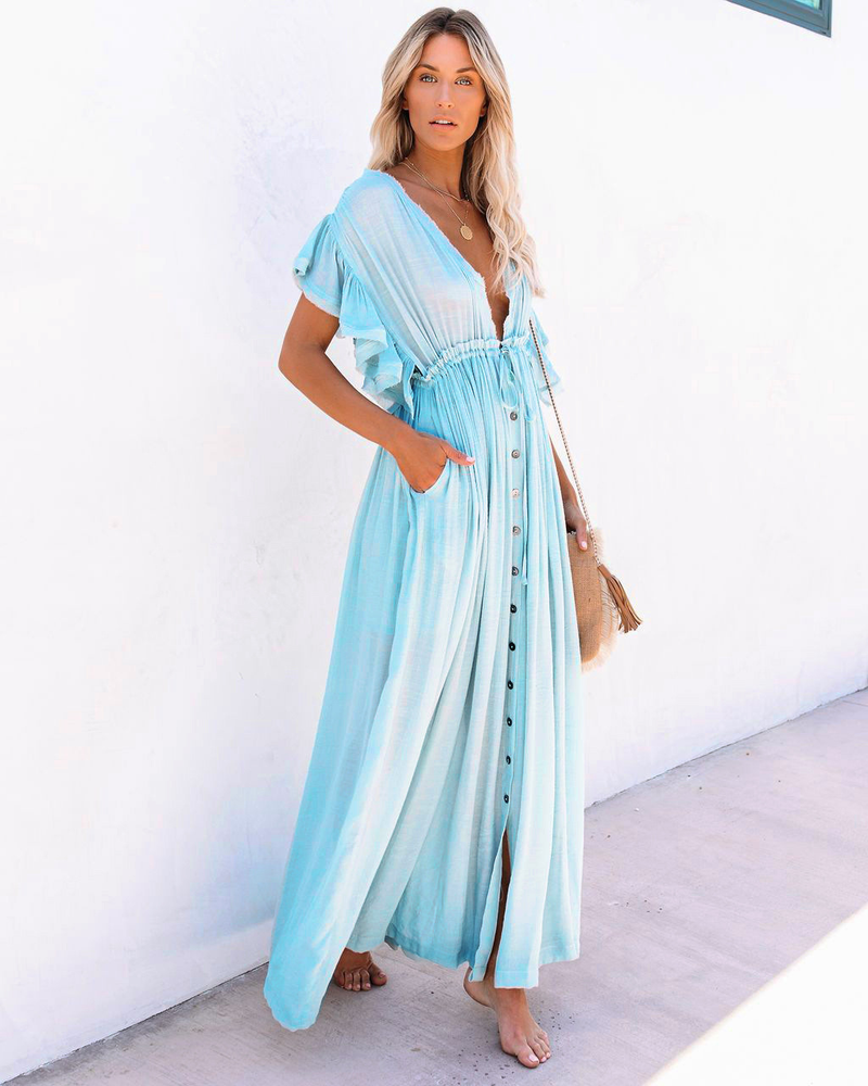 nuovo stile copricostume da spiaggia in tessuto di bambù con bottoni, corda in vita, gonna lunga, camicia di protezione solare_voghion.com