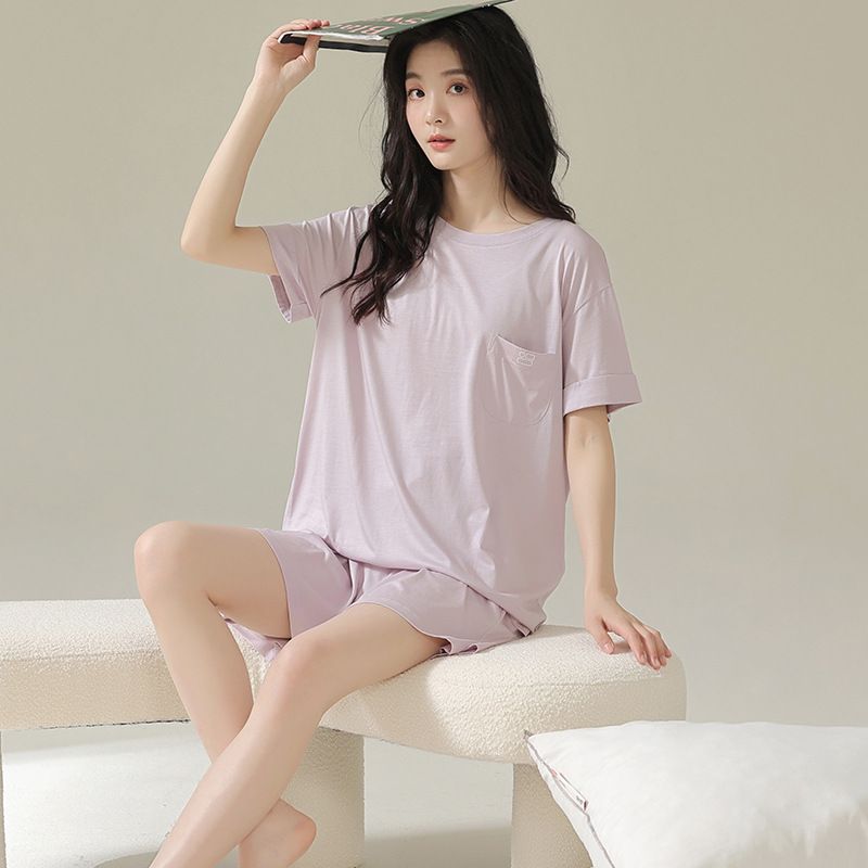 Women's short sleeved shorts pullover Modal pajamas casual breathable plus size girls' home clothes spring and summer_voghion.com