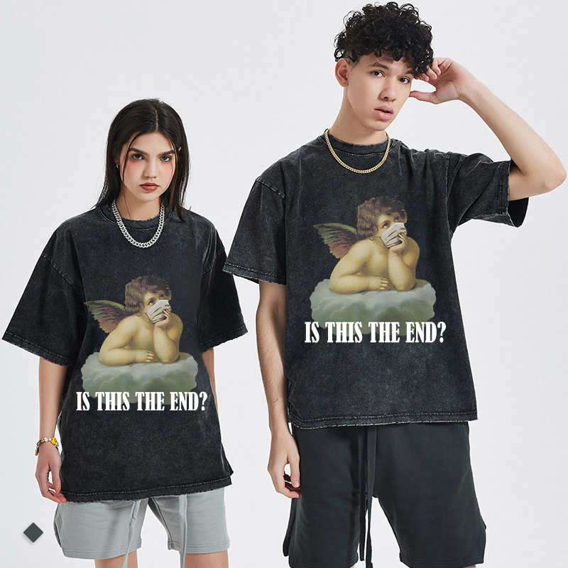 Roupas masculinas high street vintage do old wing kids print camiseta de manga curta gola redonda tops cross border para homens e mulheres_voghion.com