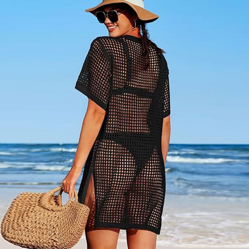 Strandüberzug aus Spitze und Strick mit kurzen Ärmeln für Damen – leichtes, sonnenschützendes Bademoden-Überkleid für Urlaub, Pool und Sommerausflüge_voghion.com