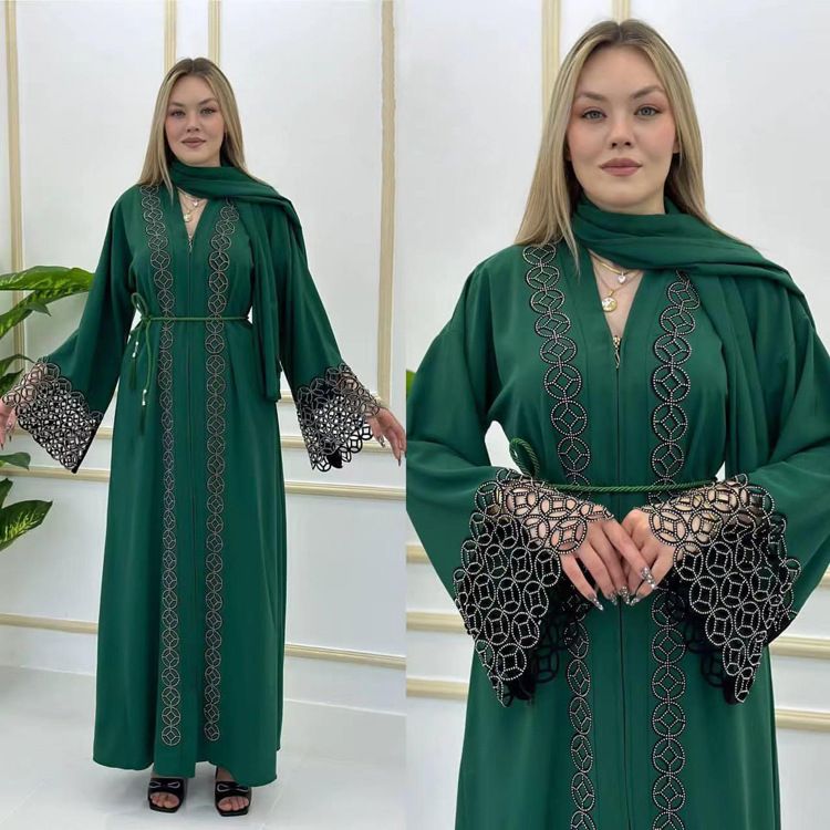 Abito musulmano Abaya arabo Kaftan taglie forti da donna con maniche lunghe svasate 8840_voghion.com