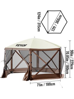 VEVOR Camping Gazebo Screen Tent; 12*12ft; 6 Sided Pop-up Canopy Shelter Tent with Mesh Windows; Portable Carry Bag; Stakes_voghion.com