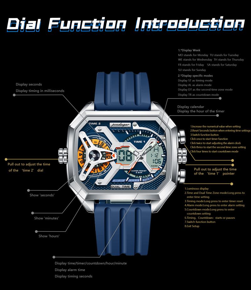 POEDAGAR Men Clock Date Week Luminous LED Man Watch Silicone Strap Electronic Dual Time Fashion Men's Quartz Watches_voghion.com