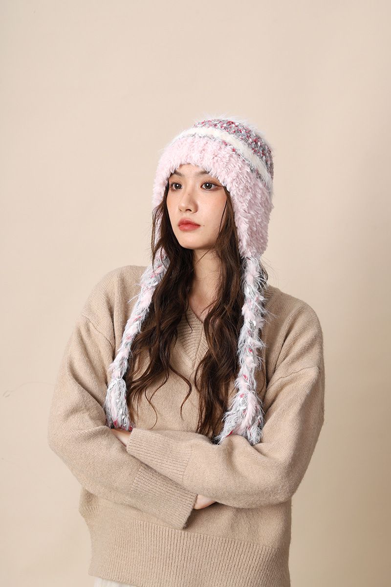Cappello di lana lavorato a maglia con lacci colorati per donna, autunno inverno, nuovo, caldo, protezione per le orecchie a righe colorate e fascia per capelli_voghion.com