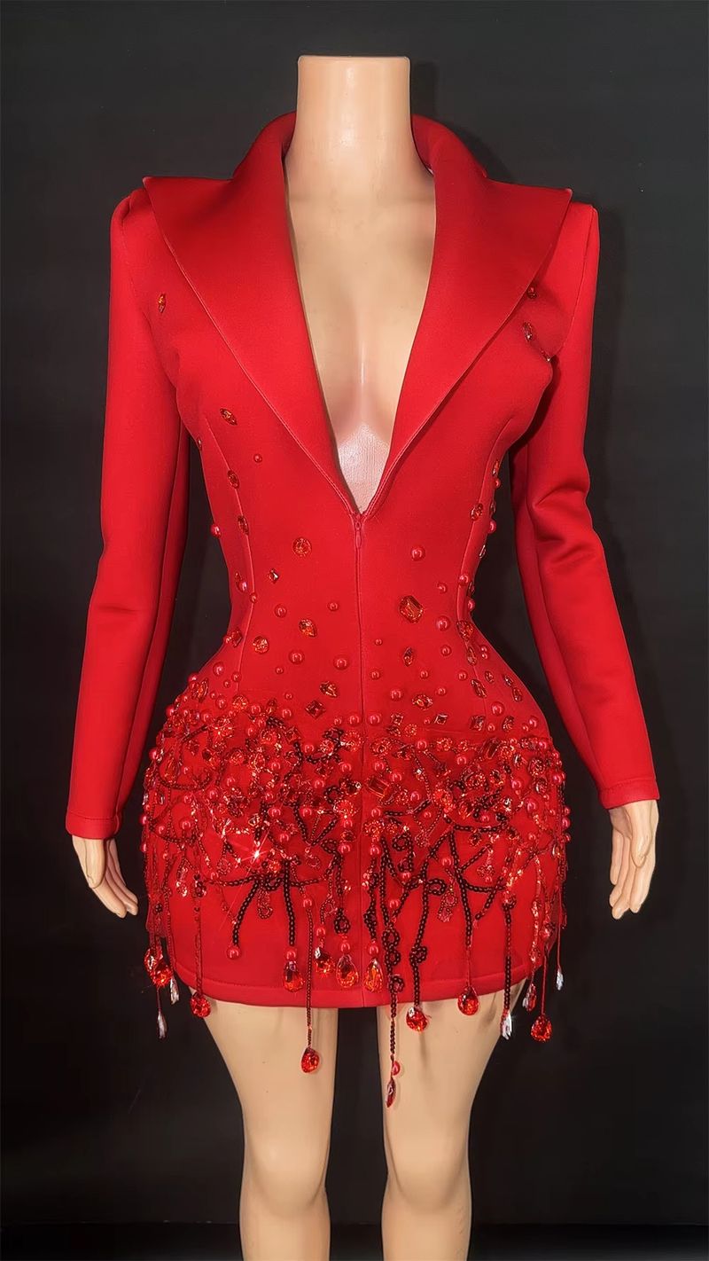 Elegante abito da ballo con frange di strass – Abito da sera e da spettacolo (S/M/L/XL, nero/rosso)_voghion.com