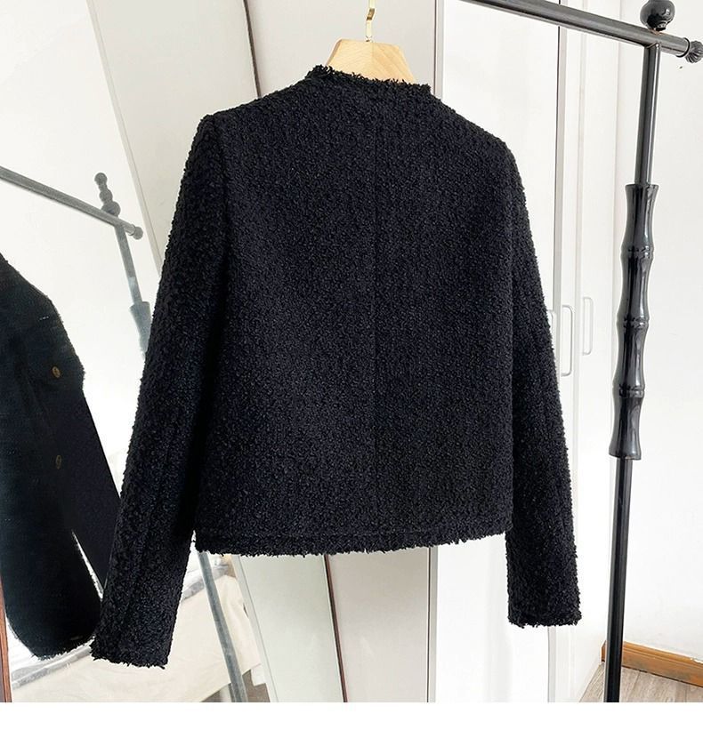 Elegante giacca corta in tweed nero da donna - Blazer corto in stile classico con maniche lunghe, scollo rotondo e bottoni (S/M/L/XL)_voghion.com