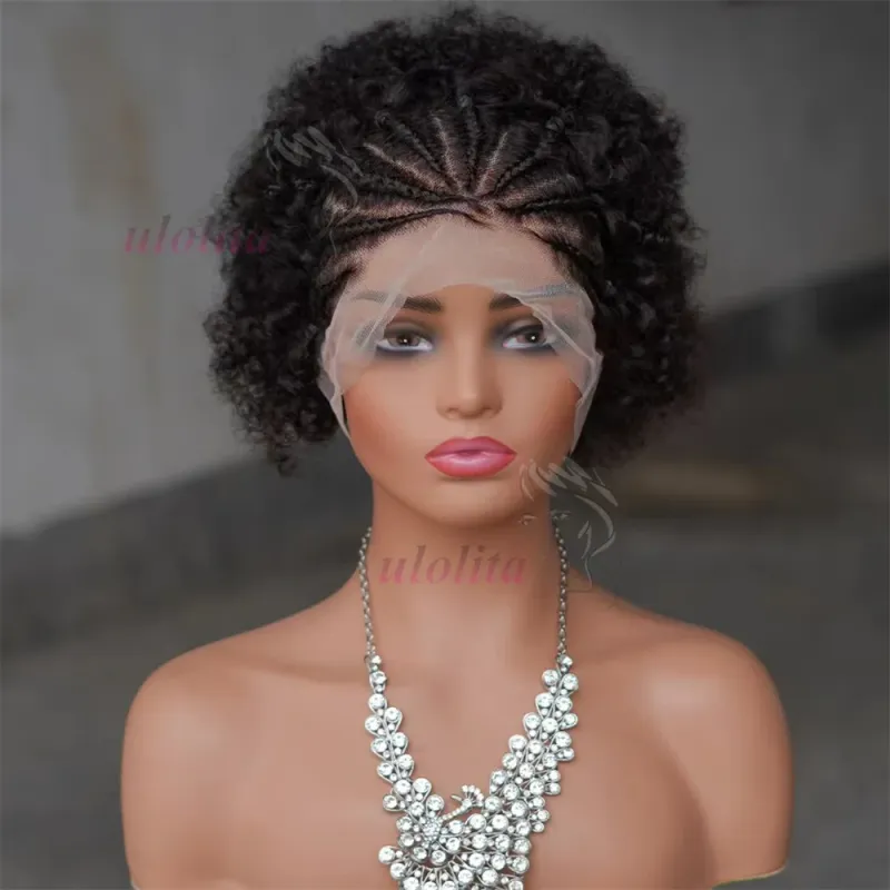 Afro Kinky Curly žmogaus plaukų perukas su kasytėmis 13x4 permatomas nėriniuotas priekis trumpas Bob perukas moterims_voghion.com