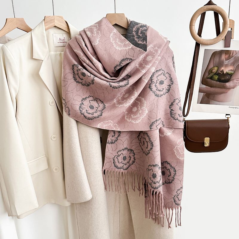 Elegant Camellia Fringe Shawl Scarf - Winter Warm Double-Layered Wrap With Stylish Floral Design, Soft & Cozy For Women_voghion.com