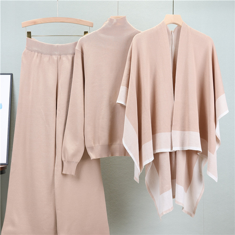 shawl knitted sweater loose wide-leg pants three-piece suit casual coat sweater suit female autumn_voghion.com