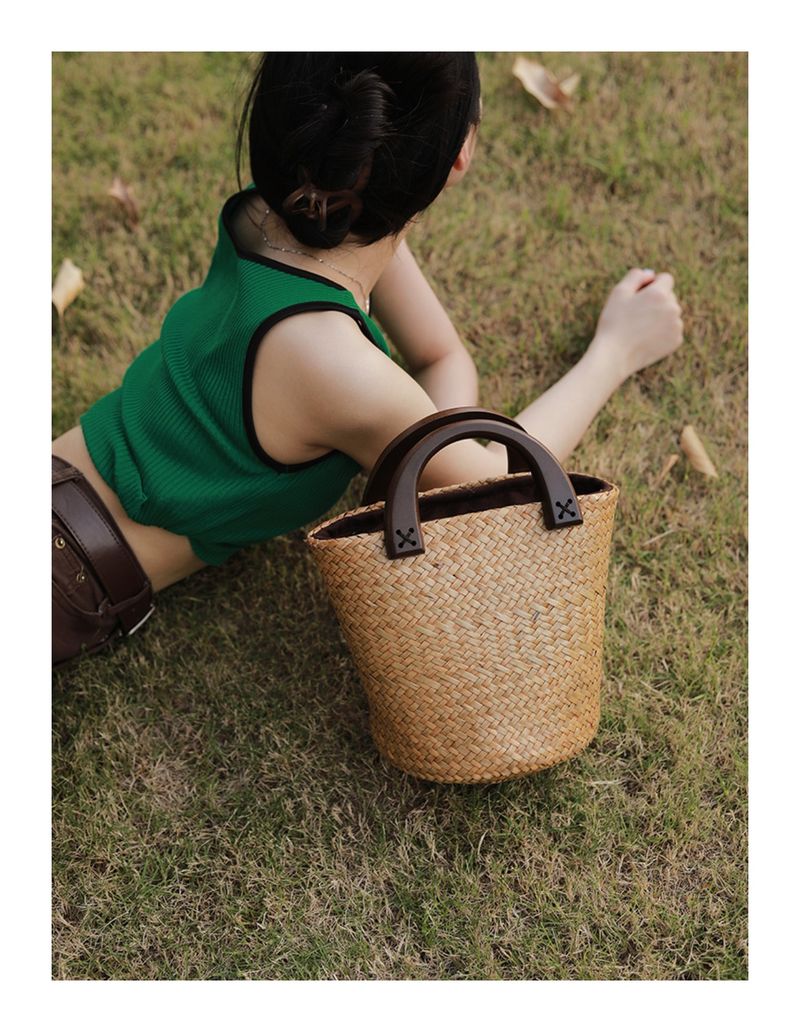 Plážová taška Vine Thai Grass, francouzská tkaná, kabelka, dřevěná rukojeť, velkokapacitní dámská taška_voghion.com