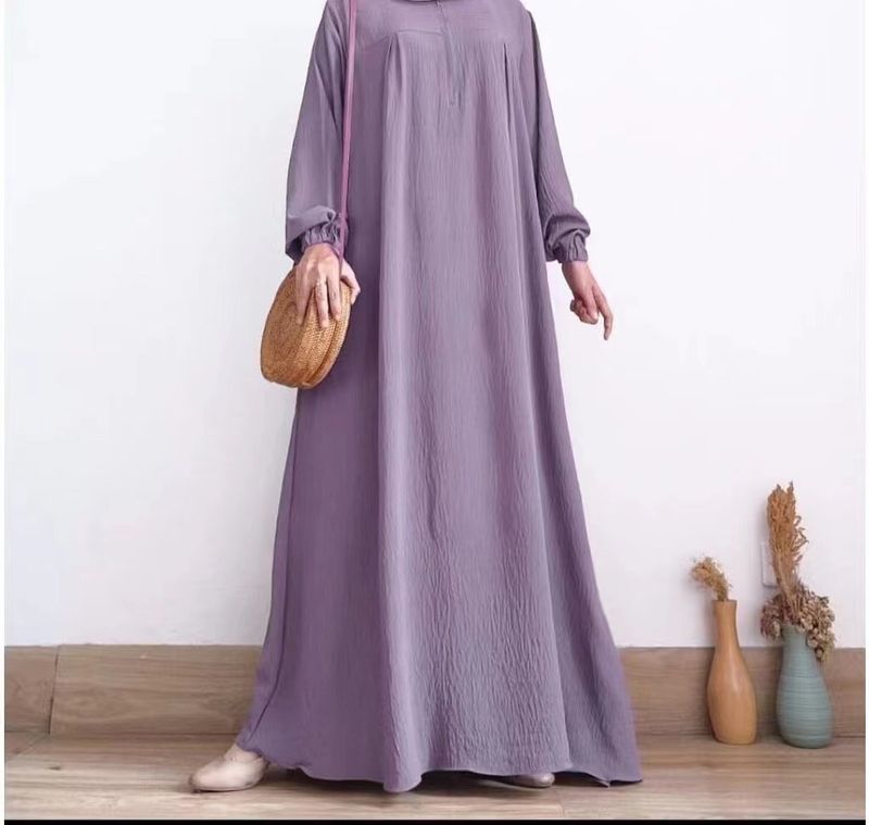 Abito da donna con scollo rotondo, manica lunga, cerniera, tinta unita, gonna lunga musulmana_voghion.com