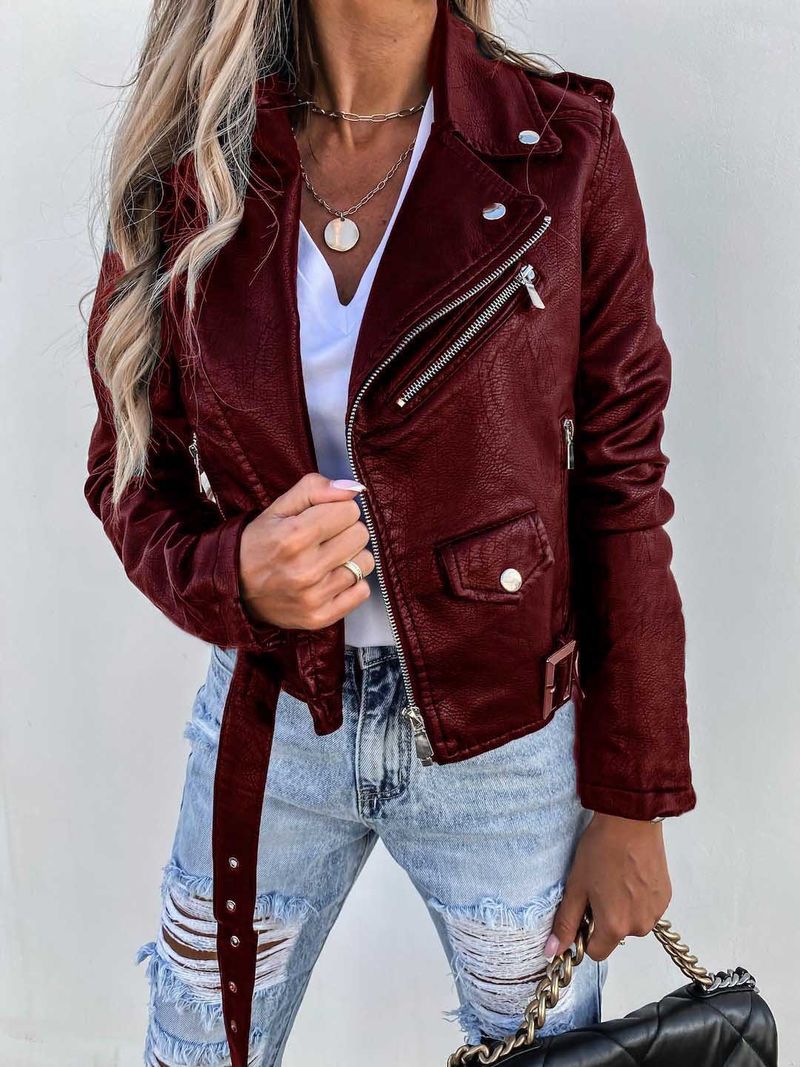 Women's New 2023 Autumn Winter Jacket PU Leather Coat Motorcycle Short Zipper_voghion.com