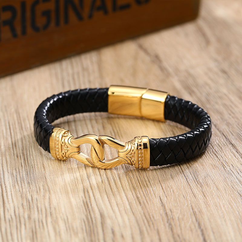 Men's Jewelry Leather Rope Bracelet Cross Anchor Stainless Steel Vacuum Gold Men's Braided Bracelet_voghion.com