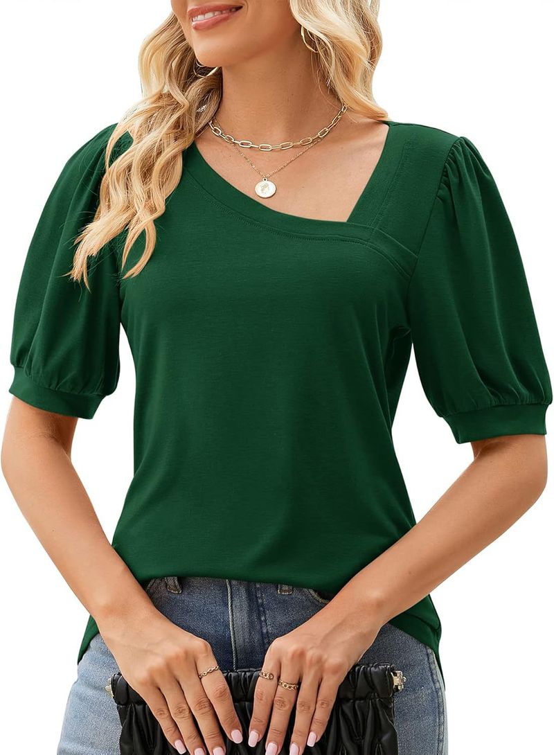 Sommer Casual Slim Fit Asymmetrisches V-Ausschnitt Bubble Kurzarm T-Shirt Top für Damen_voghion.com