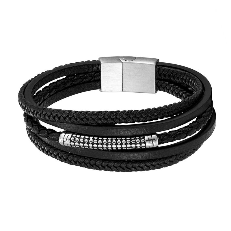 Bracciale multistrato in vera pelle intrecciata a mano, bracciale da uomo in acciaio inossidabile in stile etnico_voghion.com