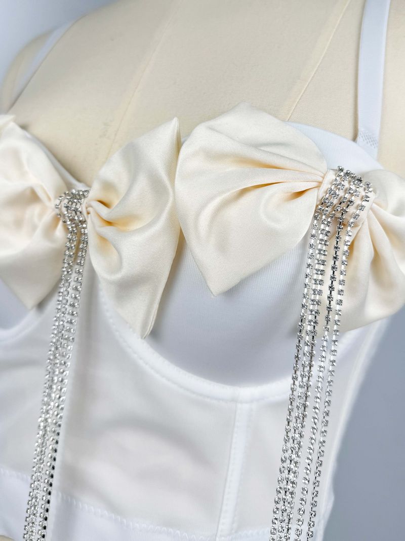 Corsetto a spina di pesce con fiocco grande e catena di diamanti, doppio strato pesante e nappa di strass squisita da donna_voghion.com