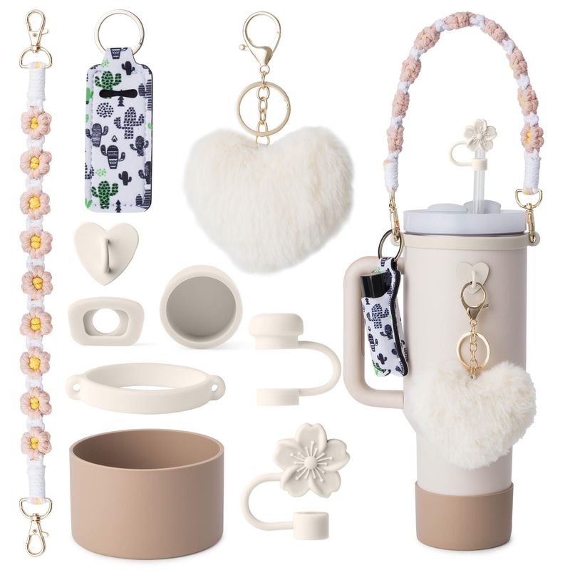 Topper in paglia intrecciata floreale con grazioso portachiavi a pompon e ciondolo a forma di cuore - Compatibile con bicchieri da 30 oz/40 oz - Elegante coperchio per bevande e tappo a cannuccia_voghion.com