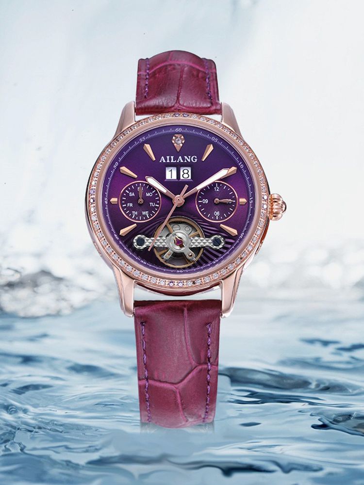 AILANG Brand Luxury Automatic Tourbillon Watch Women Fashion Leather Strap Waterproof Week Date Mechanical Wristwatch Ladies_voghion.com