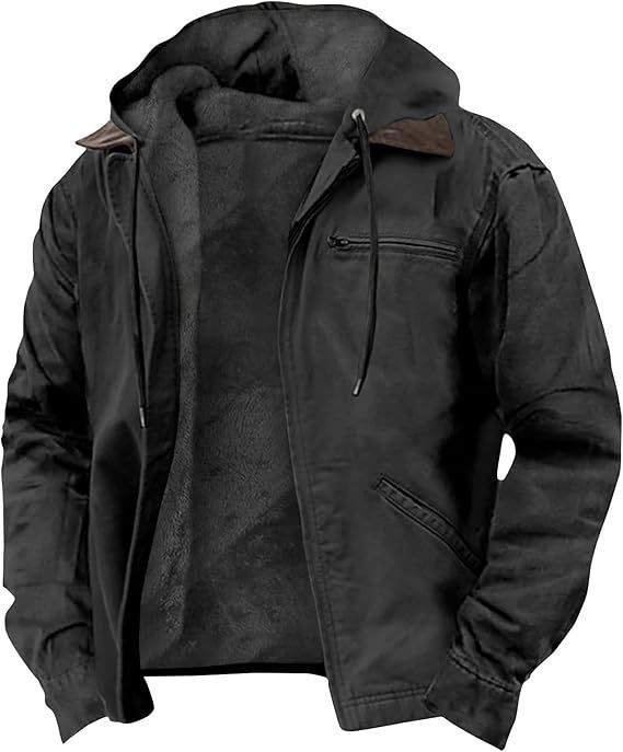 Giacca casual da uomo in cotone con cappuccio, foderata in pile, con tasca con cerniera, tinta unita_voghion.com