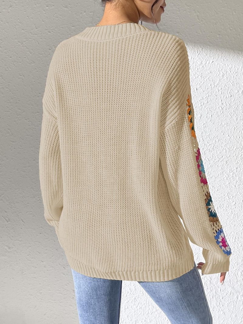 Hand-Crochet Boho Sweater – Oversized V-Neck Pullover With Floral Appliqué (S-XL, Acrylic Knit, Winter Casual Chic)_voghion.com