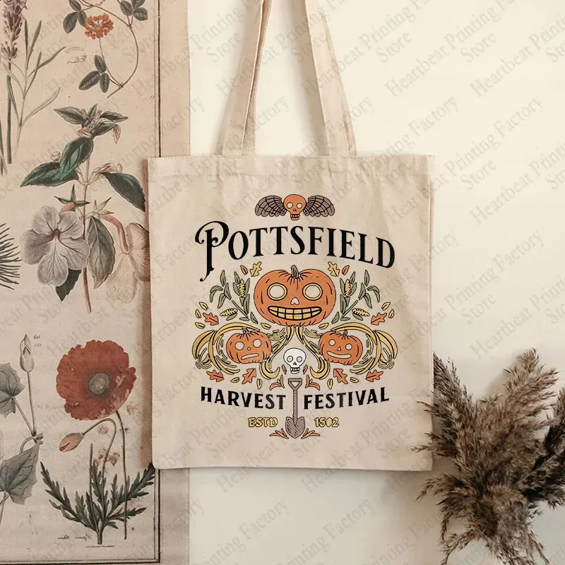 Pottsfield Harvest Festival Pattern Shopping Bags Reusable Vegetables Canvas Tote Bag Shopper Pouch Pumpkin Halloween_voghion.com