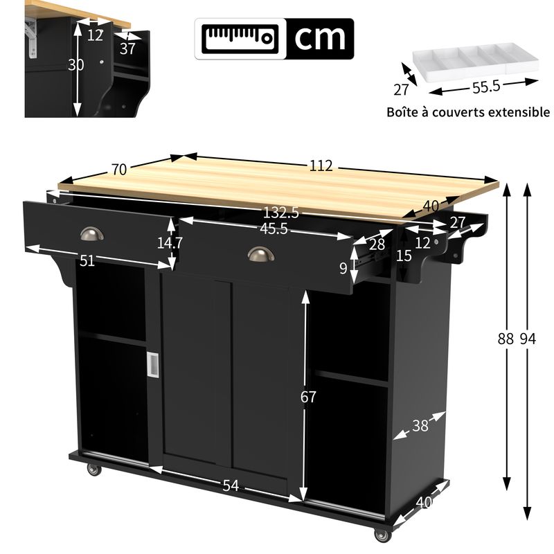 Aparador Schwarz 112x94cm, Klappbare Platte, Stauraumtüren, Rollen Für Küche/Esszimmer_voghion.com