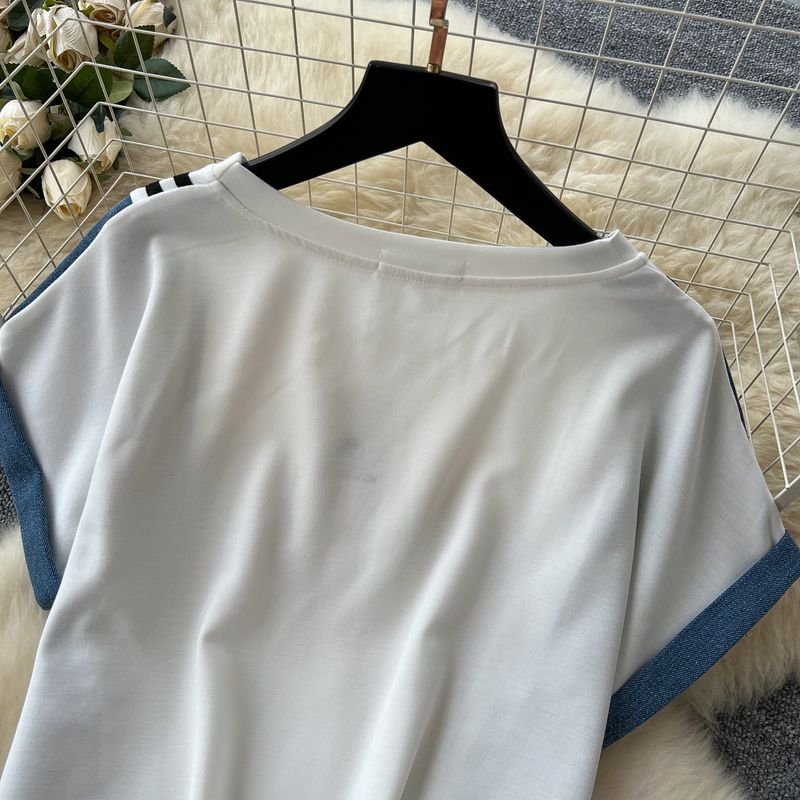 Hauts décontractés à manches courtes et rayures contrastées pour femme, mode été, taille haute, coutures en denim, jambes larges et longues_voghion.com