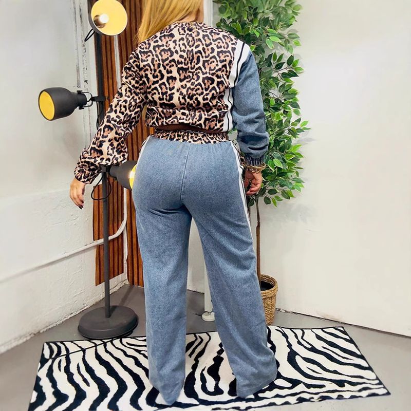 Women’s Clothing Spring And Autumn New Street Leopard Print Striped Color Matching Elastic Waist Loose Trousers Suit_voghion.com