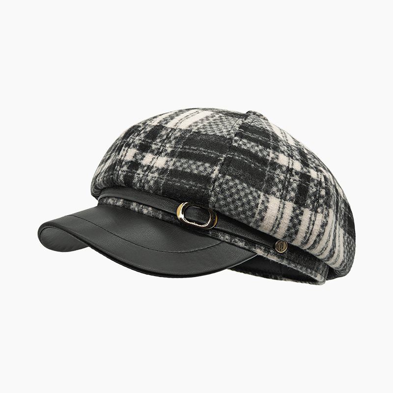 Cappello ottagonale in stile britannico in pelle PU patchwork scozzese, alla moda, elegante, versatile, caldo, berretto da newsboy in lana_voghion.com
